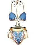 Huiyuzhi Womens African Dashiki Metallic 2 Piece Cut Out Bikini Swimsuit (M, Blue-gold)
