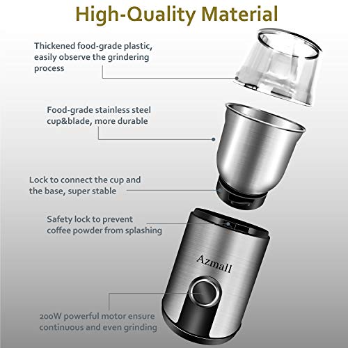 Spice Grinder - Azmall Coffee Bean Grinder Electric with Stainless Steel Blade, 3oz/85g Large Capacity, 200W Powerful Motor, Removable Grinding Cup, also for Pepper, Herbs, Nuts, Seeds, Grains - Thumbnail 3