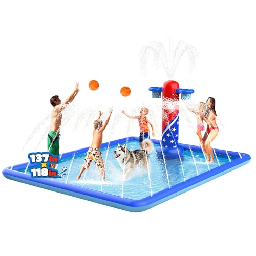 ODOSOLA 137x118'' Large Splash Pad for Kids 3-12 & Dogs, 2-in-1 Sprinkler Pad with Basketball Hoop/Ball Toss, Thickened Non-Slip Water Mat, Foldable Outdoor Summer Toy for Backyard/Pool/Beach