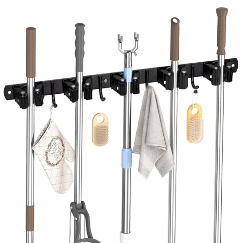Carehabi 5 porta scopa parete con 4 ganci, portascopa da muro appendi scope mop senza forare o trapanare, organizzatore porta attrezzi autoadesivo per garage, giardino, ripostiglio, cucina, bagno