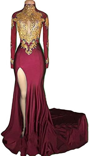 VikDressy Women's Mermaid High Neck Prom Dress 2018 with Gold Appliques Long Sleeves Evening Gowns