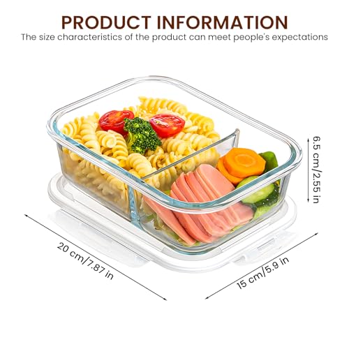 LEKEFETO 2 Stück Meal Prep Boxen Glas: Glasbehälter mit Deckel mit 2 Fächer, Glass Meal Prep Containers 1040ml, Glas Frischhaltedosen BPA-Frei, Luftdicht, für Spülmaschine, Mikrowelle, Ofen thumbnail 2