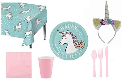 Unicorn Party Supplies Kit Deluxe Set for Girls Birthday with Headband- Serves 10