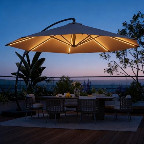 11-foot rectangular aluminum solar patio umbrella in sunset Amazon.com : ENSTVER 11x11ft Large Cantilever Umbrella With Base Included & Solar  Powered Led Lights, Deluxe Curvy All-Aluminum Rectangular Patio Umbrella  For Deck, Pool And Backyard (Champagne) : Patio, Lawn & Garden