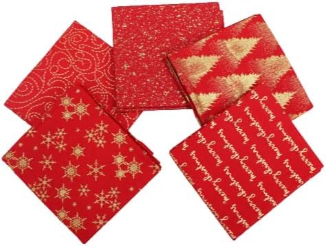 The Fabric Guys 5 Piece Christmas Fat Quarter 100% Cotton Fabric Bundle Red Green White Gold Foil Quilting Crafting Scrapbook Projects (Red)