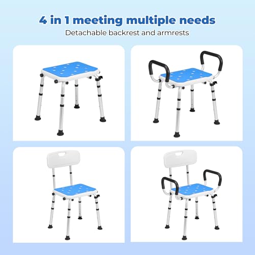 Careboda Shower Stool for Seniors, Shower Chair with Armrests and Backrest, Bathroom Stool 136 kg, Height Adjustable, up to 136 kg, Bath Chair for Seniors