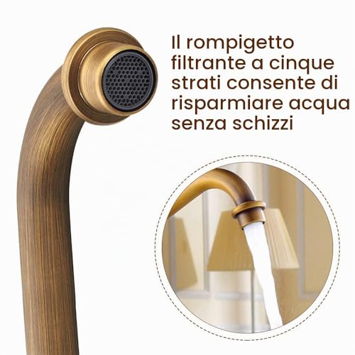 Vintage Kitchen Sink Tap, 360° Rotatable Brass Bathroom Sink Mixer Tap, Double Handle Bathroom Tap, Hot and Cold Tap, with Flexible Hose, Durable Design