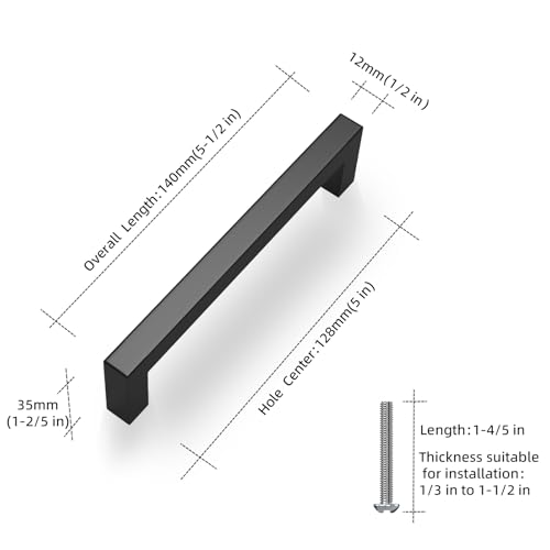 NISUOIEN Matte Black 5 Inch Cabinet Handles, 30 Pack Cabinet Pulls | Square Kitchen Cabinet Handles, Included Screws, Easy Install, Stainless Steel, For Bathroom, Bedroom, Cupboard Cabinet