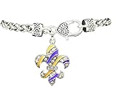 LSU PURPLE & GOLD FLEUR De Lis Charm Bracelet Embellished with Crystal Rhinestones.Gift Boxed