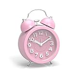 [Upgrade Version] PiLife 3" Mini Non-ticking Vintage Classic Bedside Alarm Clock with Backlight, Battery Operated Travel Clock, Round Twin Bell Loud Alarm Clock( 3D Pink)