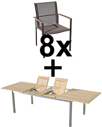 ALEOS. Gartengarnitur Edelstahl Teak Holz A-Grade Batyline Set Ausziehtisch 200-240-280 x 100 cm + 8 Sessel mit Batyline Bespannung Serie Kuba-BRAUN Gastroqualität