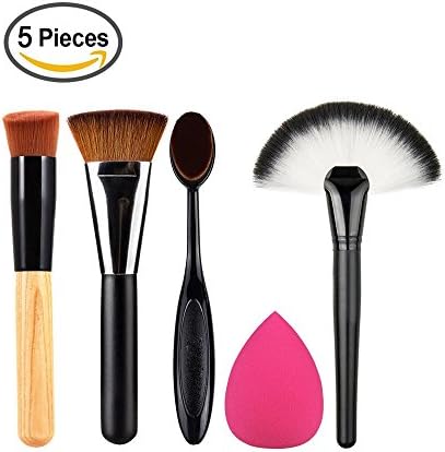 AMarkUp Flat Contour Makeup Brush + Large Fan Makeup Powder Tools with Toothbrush Curve Contour Brushes and Sponge Puff