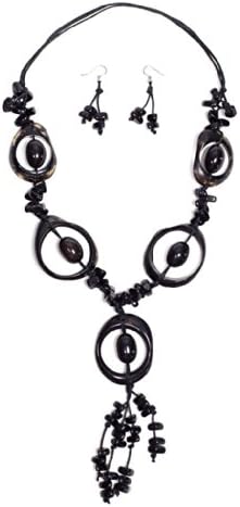 Organic Tagua Mayan Adjustable Length Necklace with Earrings Ecuador Black
