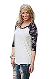 MIXMAX Women Contrast Color Floral Print 3/4 Sleeve Raglan T Shirt Tops