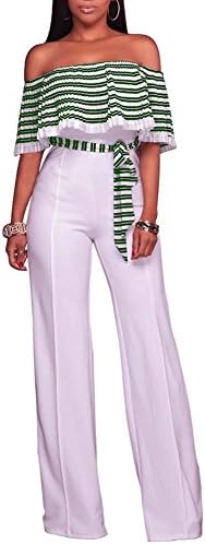 BetterGirl(TM) Womens Sexy Off Shoulder High Waist Flouncing Long Wide Leg Jumpsuits (16, 1-Green)