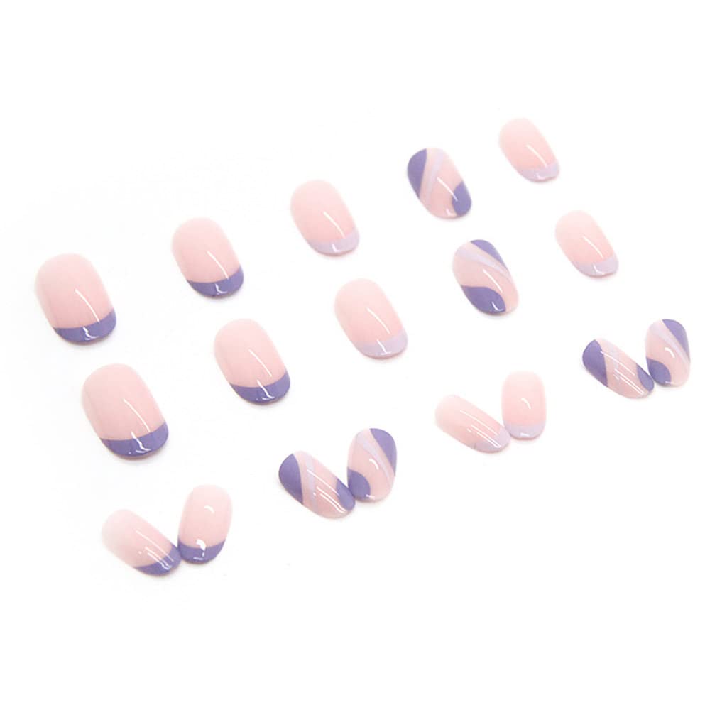 RikView French Tip Press on Nails Short Fake Nails Oval Purple Nails for Women with Swirls Design - Image 4