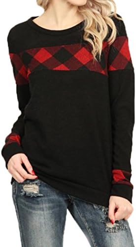 DRACLE T-shirt Blouse Women's O-Neck Long Sleeve Splicing Grid Sweatshirt Cotton Blended Fall/Spring (XL, Black)