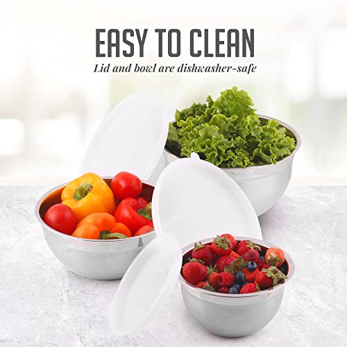 OVENTE Mixing Bowl Set with Lids, 3-Piece Stainless Steel Nesting Bowls for Easy Food Storage, Stackable Design, Kitchen Essential for Baking, Cooking and Prepping, Size 5, 3.5, 1.5QT, Silver BM46333S