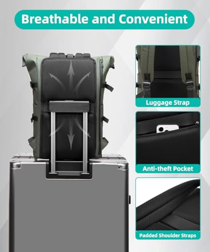 GYakeog Rolltop Backpack Large 33L Waterproof Laptop Backpack Men Women 15 Inch School Backpack Lightweight Bicycle Backpack Anti-Theft Sports Backpack for Travel Cycling University Leisure Green