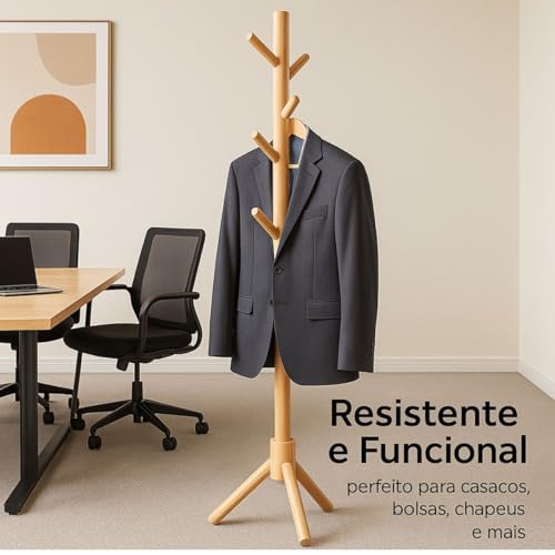 Cabideiro de Chão em Madeira 175 cm de Altura 8 Ganchos Mancebo Cabideiro Arara de Madeira Polida Ecológica e Vertical Desmontável e Leve Ideal para Pendurar Roupas e Acessórios Premium