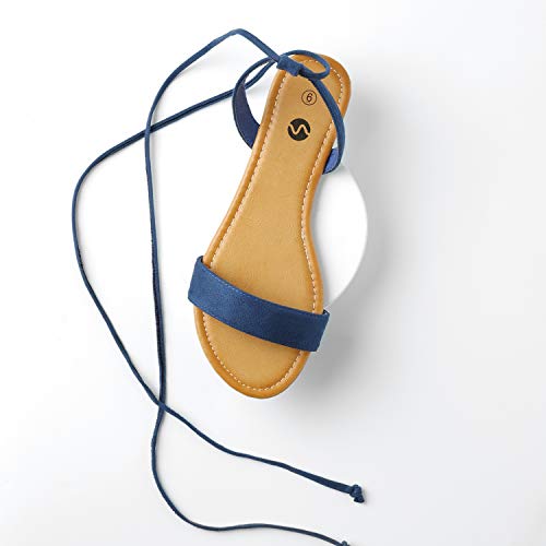Rekayla Open Toe Tie Up Ankle Wrap Flat Sandals for Women Navy Blue 09
