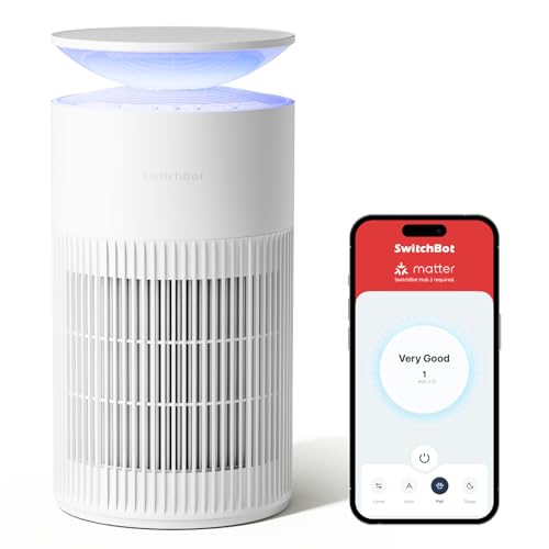 SwitchBot Air Purifier with App and Night Light, CADR 400m³/h Up to 83㎡, HEPA Filter Removes 99.97% Mildew, Dust, Pollen, Sleep Mode 20dB (Table Air Purifier)