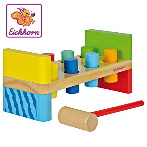 Eichhorn 100002221 - Bunte Klopfbank, enthält: Hammer, 8x Klopfstifte, 10x23,5x11cm, 10-tlg., Kiefernholz, Birkenholz