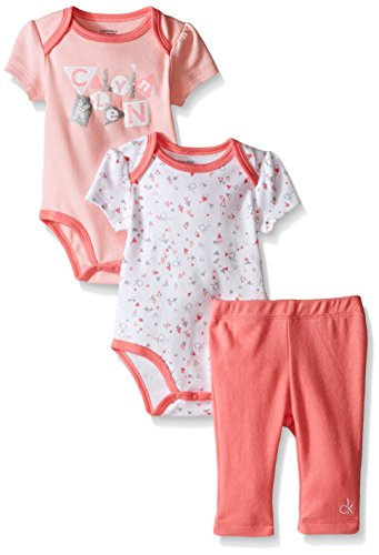 Calvin Klein Baby Girls' 2 Printed Bodysuits and Combed Interlock Pants, Pink, 0-3 Months