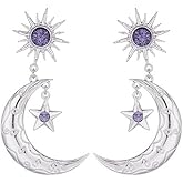 14K Gold Moon Sun Star Earrings for Women Dainty Long Crescent moon Star Asymmetrical Dangle Drop Planet Earrings Fashion Halloween Jewellry Gift