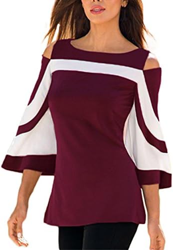 Surfywin Women's Colorblock Bell Sleeve Cold Shoulder Top Fashion Blouses Burgundy LC250605-top-Burgundy-L