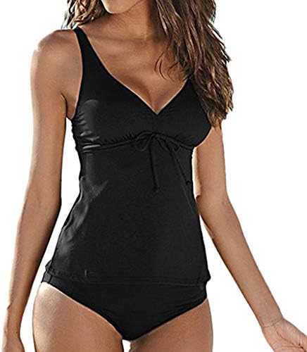 Solid Front Tie Tankini Top with Bottom for Women Teens Swimsuit 2 Pcs Bravetoshop