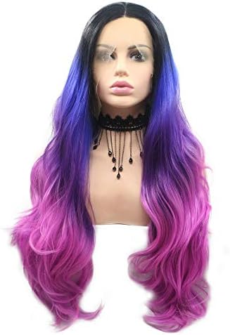 Mermaid Colorful Synthetic Lace Front Wigs For Women Girls Cosplay Festival Long Wave Hair Black Ombre Sapphire Blue Violet Purple 4 Tone Flawless Drag Queen Wig Natural Hairline 26"