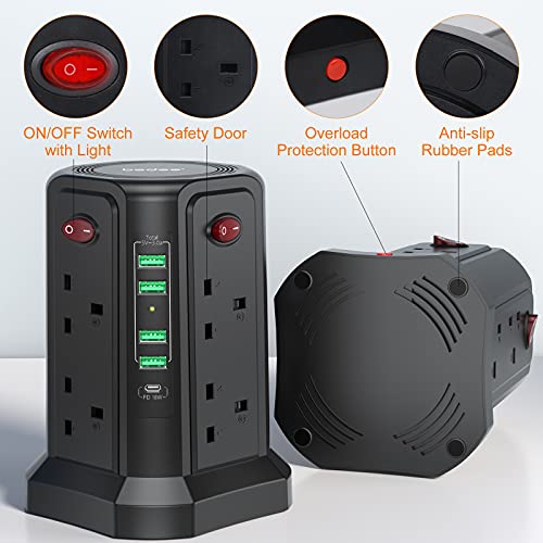 Tower Extension Lead 5M, bedee Plug Extension with 5 USB Slots (1 USB C /18W Fast Charging) and 8 Outlets, Surge Protector Power Strip Tower for TV PC Laptops iPhones with 5M Extension Cord, Black
