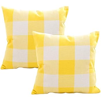 Retro Farmhouse Tartan Buffalo Checkers Set of 2 Decorative Plaid Throw Pillow Covers Cotton Linen Checkers Pillowcase for Home Sofa Bedroom Car, Yellow/White Plaids Cushion Cover, 18 x 18 inch