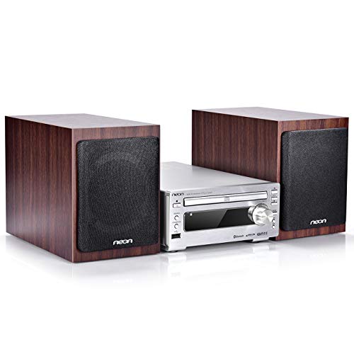 neon Hi-Fi Stereo Systems with Wooden Speakers, CD Stereo Player with Bluetooth USB FM Radio Function, with Remote Control, for Home Audio Music Sound System, MCB1533