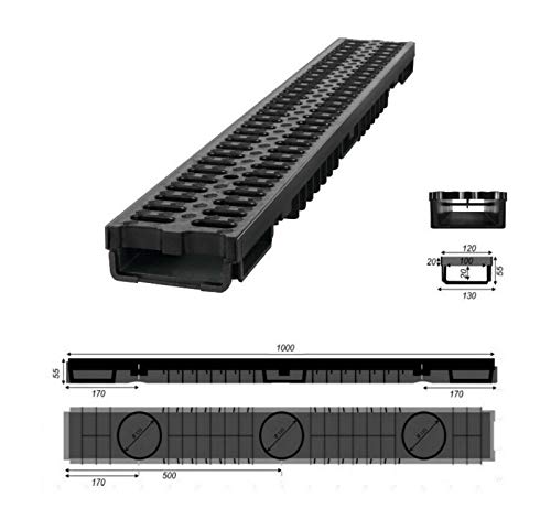 JeCo - Entwässerungsrinne Regenrinne Bodenrinne - Länge: 1 m/Höhe: 55 mm - Kunststoff 12,5 T (B125)
