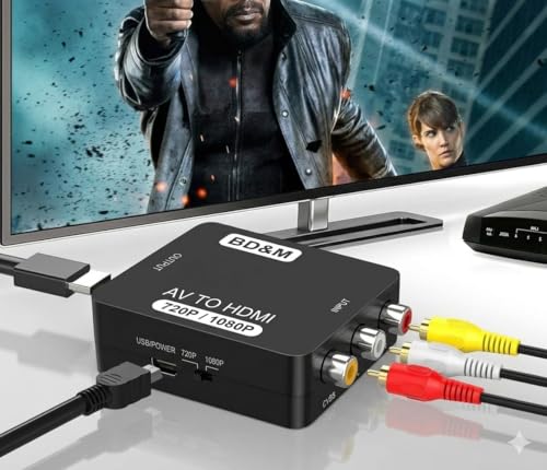 BD&M RCA to HDMI Converter, AV to HDMI Adapter Supports PAL/NTSC for PS2, PS3, Xbox, VHS, VCR, DVD Players