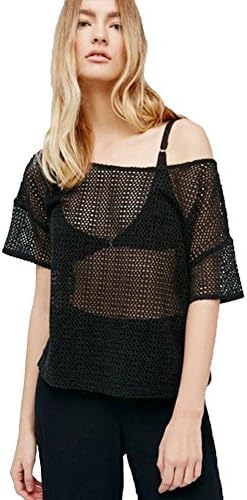 Women Transparent Hollow Out Crew Neck Tees Cool Short Sleeve Tops T-Shirts (Black XL)