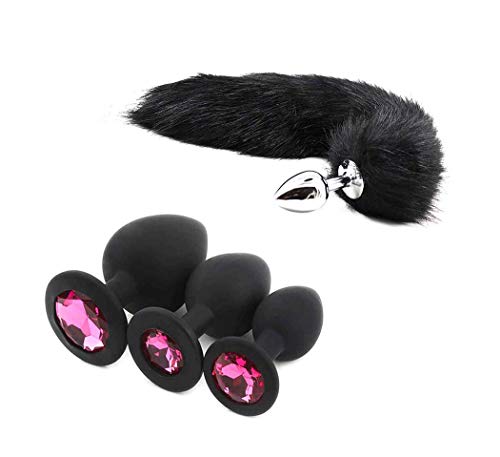 Baumor 3 Pcs 3 Size Safe Silicone Plugs and Fox Tail Toys Costumes Cosplay for Women Men (Rose Red+Black)