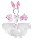 Easter Halloween Costume White Bunny Rabbit Headband Paw Bow Tail Gauze Skirt Set (One Size)