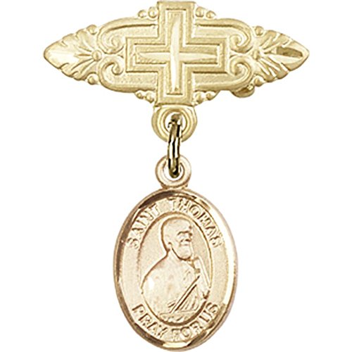 Gold Filled Baby Badge with St. Thomas the Apostle Charm and Badge Pin with Cross 1 X 3/4 inches