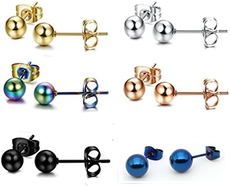 Tupai 6 Pairs Stainless Steel Round Ball Stud Earrings for Men Women,2-8 MM Mixed color Available (3mm 6Pair)