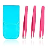Eyebrow Tweezers Set Stainless Steel Precision Tweezer Slant Flat Pointed Tip with a Leather Case for Plucking Ingrown Hair Splinters Facial Nose Hair Bikini Line Eyebrows Eyelash Pink Pack of 3