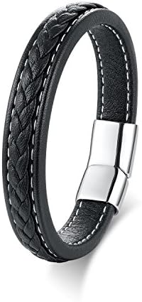 Black Genuine Leather Bracelet with Magnetic Clasp