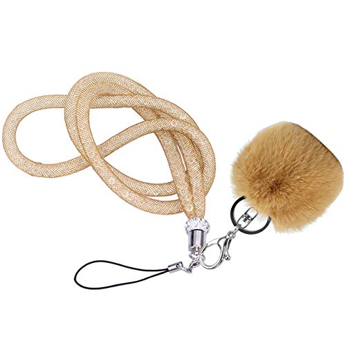 MOTIVE LIFE Lanyard with Pompom and Fishnet Tube Filled with Sparkly Rhinestones,Bling Strap for Phone,Camera,ID Badge and USB Key,Long-Champagne