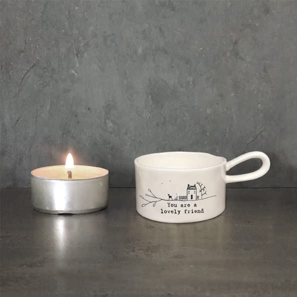 East of India Porcelain White Tabletop Candle Holder. You're a Lovely Friend. Casual Gathering / Personal Keepsake