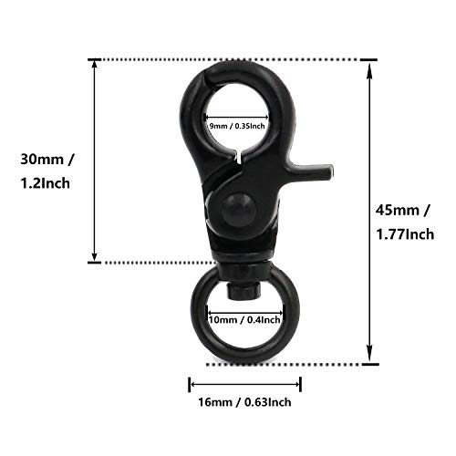 BIKICOCO 2/5\'\' Swivel Trigger Snap Hook Lobster Claw Clasp Spring Loaded Clip, O-Ring Ended, Black - Pack of 10