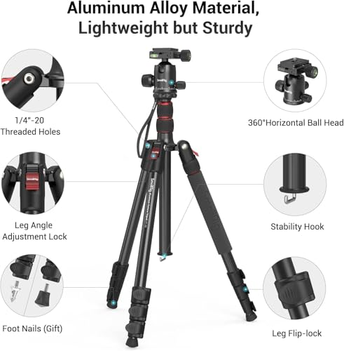 SmallRig Trípode Monopie para Cámara, 71" Trípode de Aluminio, Cabeza Esférica 360° Desmontable, Carga 33 LB, Altura Ajustable 16"-71", Carga Máxima 15kg, para Cámara y Celular - 3935