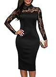 Sidefeel Women High Neck Floral Lace Long Sleeve Club Bodycon Midi Dress