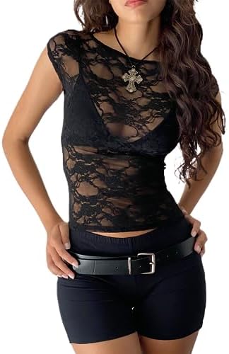 Owl's-Yard Women's Sexy Sheer Lace Tops Y2k Cap Sleeve Scoop Neck